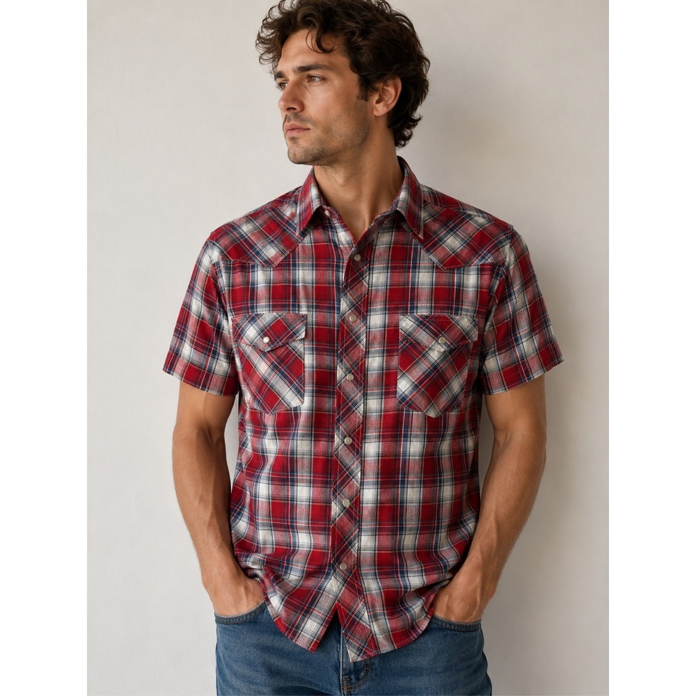 Vintage‎ Wrangler Mens Plaid Pearl Snap Western Shirt Red Short Sleeve Cowboy LT